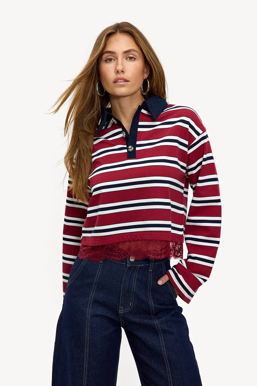 Red striped polo with lace detail