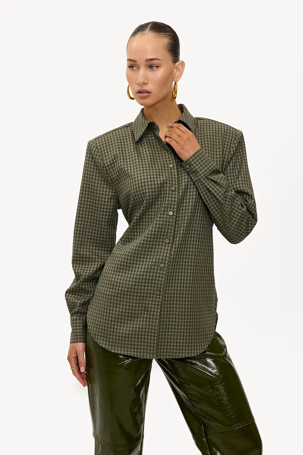 Green checked blouse with shoulder pads